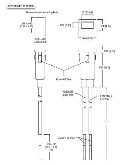 Mechanical Drawing - Dialight 559 Rectangle Series Snap-in LED Indicators Mechanical Drawing - Dialight 559 Rectangle Series Snap-in LED Indicators